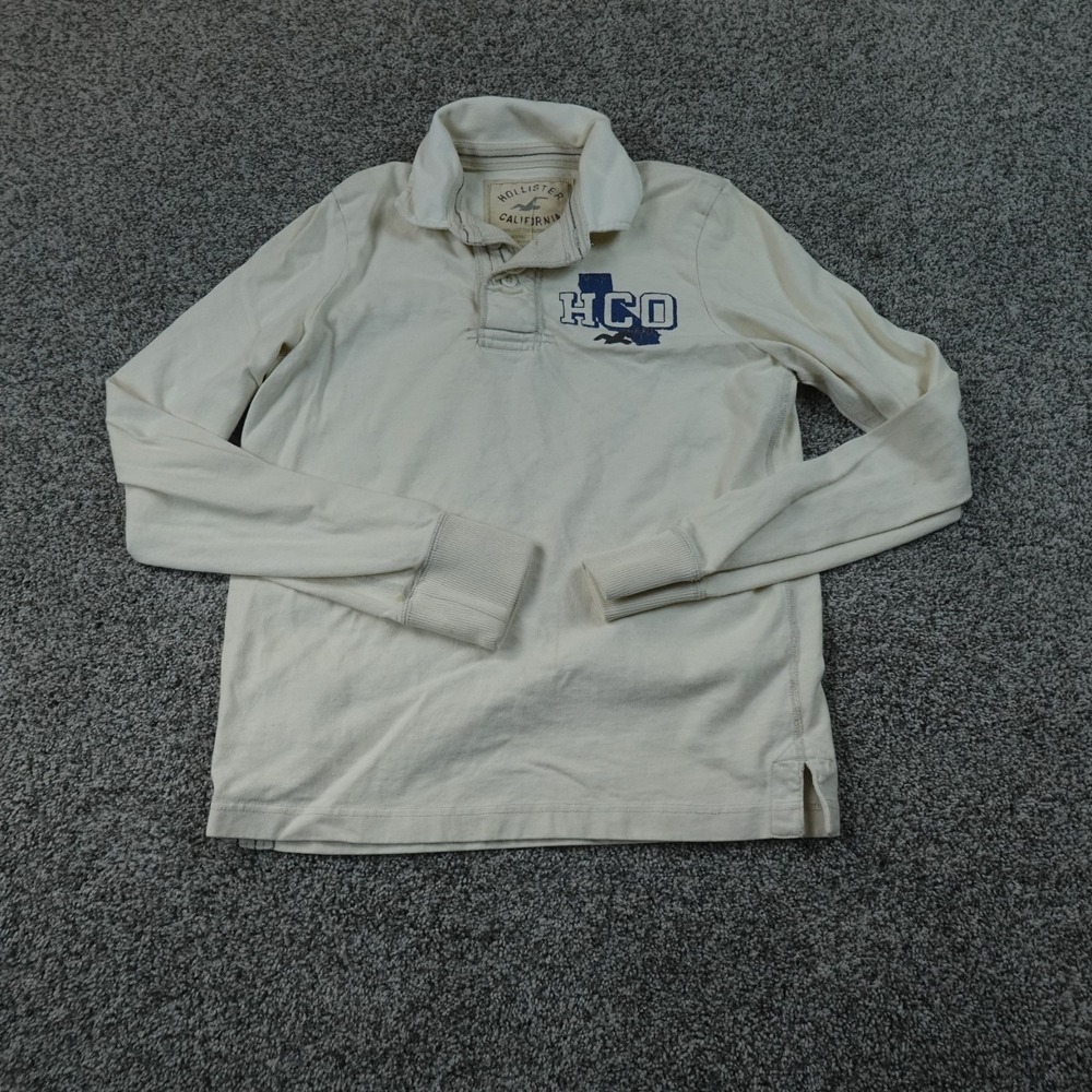 VTG Hollister Rugby Shirt Mens S White Beige HCO Graphic Polo Long Sleeve Y2K